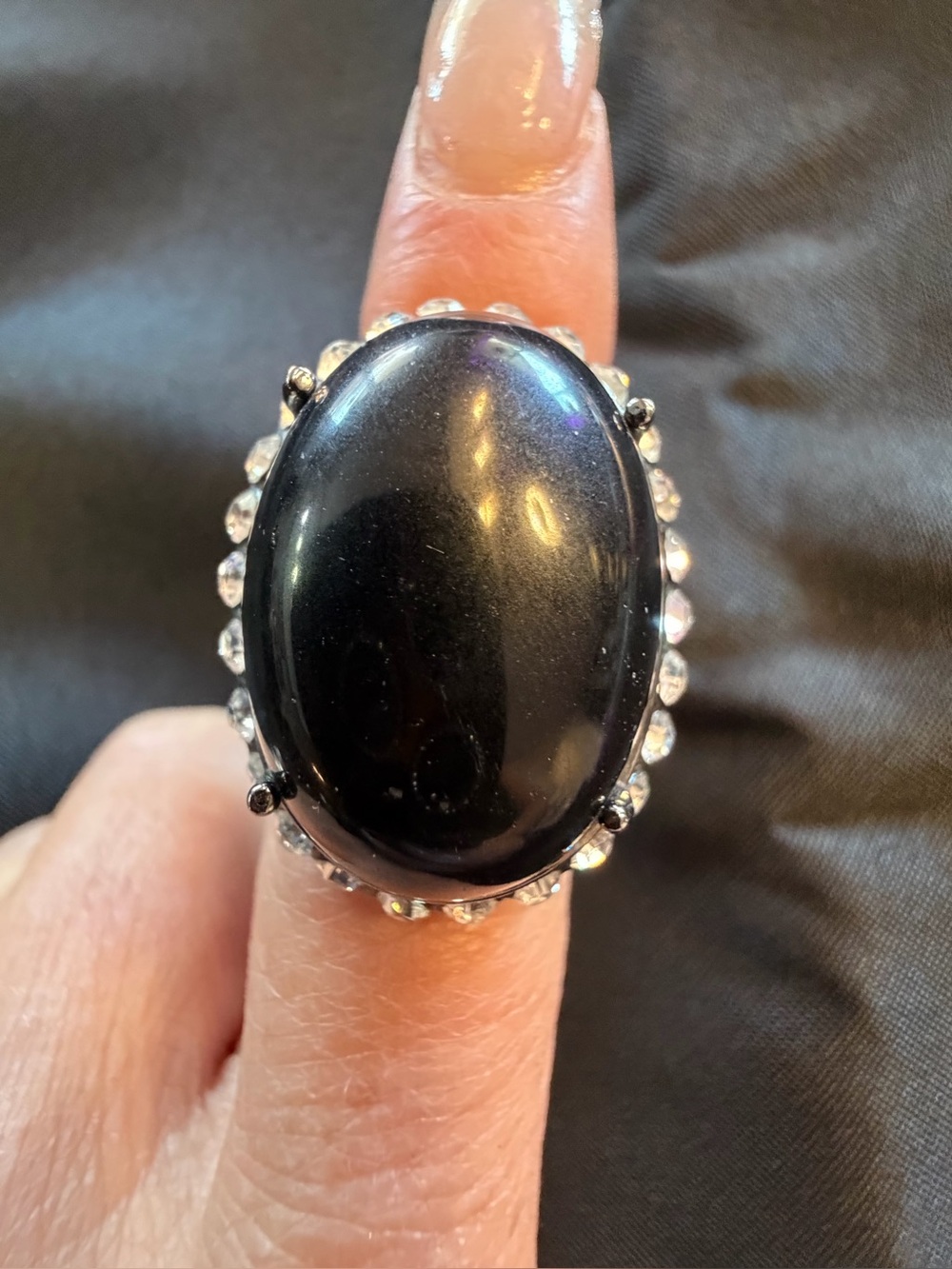Park Lane Onyx Ring Black Cabochon Crystal Halo Retired Orig. $113
